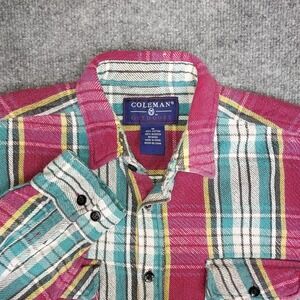 Vintage Coleman Outdoors Flannel Shirt Size Medium Plaid 90s Green Pink Grunge